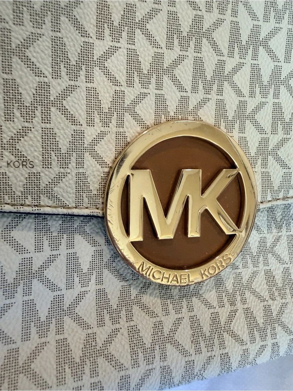 Michael Kors White and Brown Logo Crossbody with Gold MK Medallion